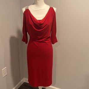 Frank Lyman Lined Open Shoulder Dress with Rhinestones